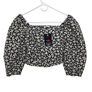 Levi's Floral Cropped Top Women's Size S Black Beige Square Neck Puff Sleeves